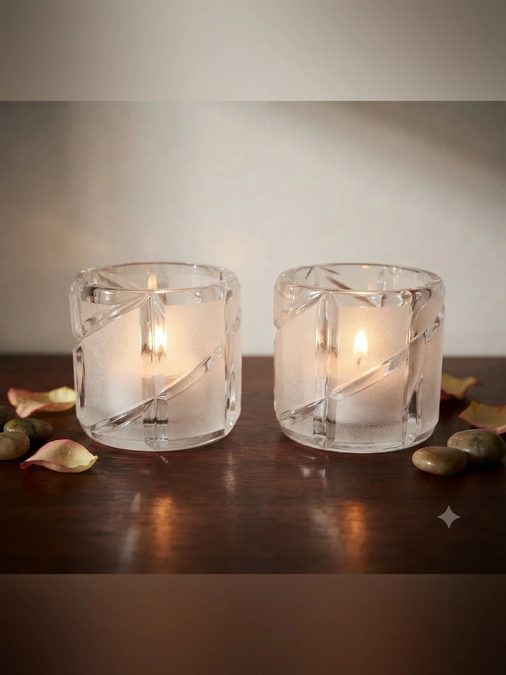 Vintage Pair of Frosted 24% Lead Crystal Votive / Tea Light Candle Holders-USA